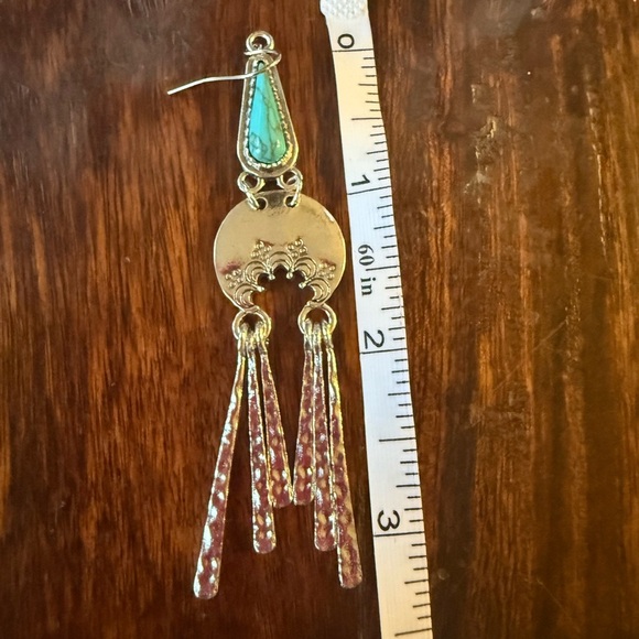 Boho Turquoise Drop Earrings – Silver Hammered Fringe Statement Jewelry - Picture 2 of 5